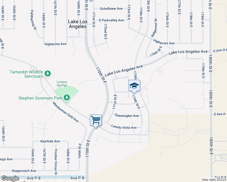 map of restaurants, bars, coffee shops, grocery stores, and more near 39749 171st Street East in Palmdale