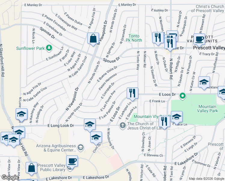 map of restaurants, bars, coffee shops, grocery stores, and more near 7731 East Cocopah Drive in Prescott Valley
