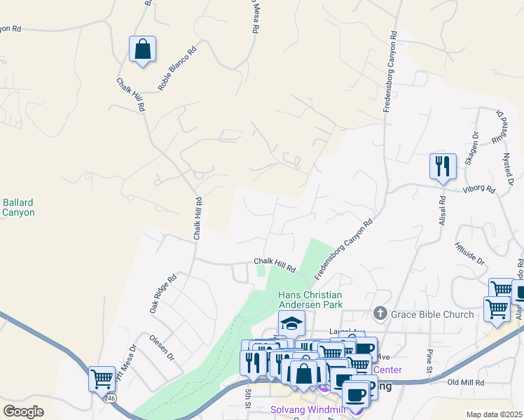 map of restaurants, bars, coffee shops, grocery stores, and more near 1483 Kronborg Drive in Solvang