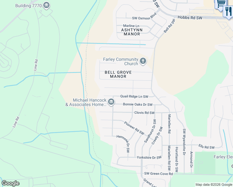 map of restaurants, bars, coffee shops, grocery stores, and more near 2602 Quail Ridge Lane Southwest in Huntsville