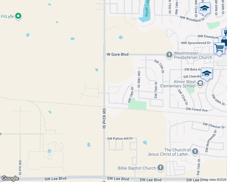 map of restaurants, bars, coffee shops, grocery stores, and more near 8112 Southwest Cherokee Avenue in Lawton