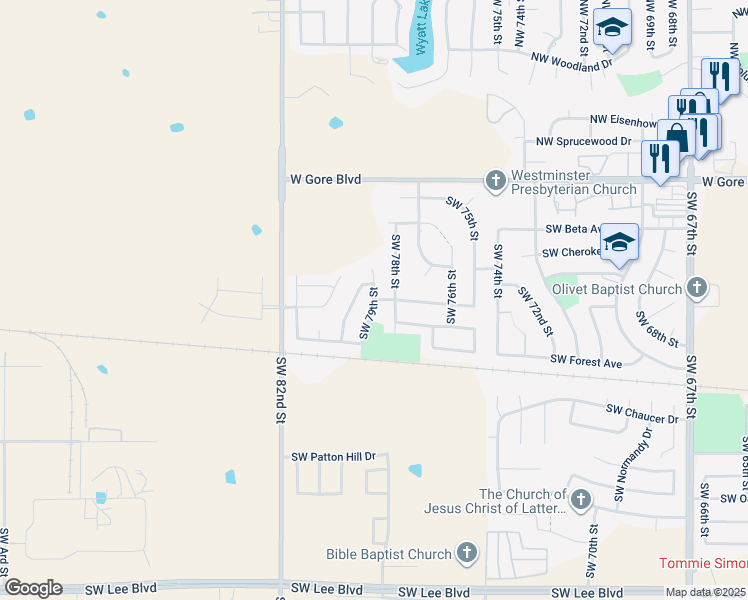 map of restaurants, bars, coffee shops, grocery stores, and more near Southwest 79th Street in Lawton