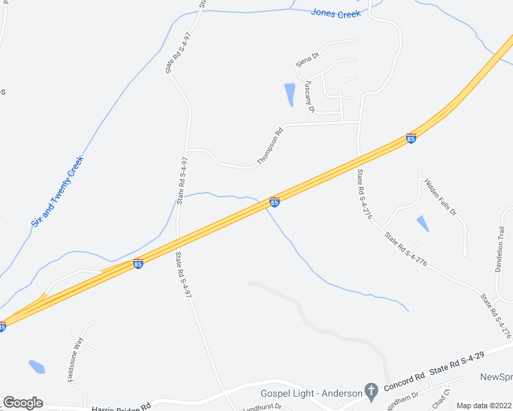 map of restaurants, bars, coffee shops, grocery stores, and more near Interstate 85 in Anderson