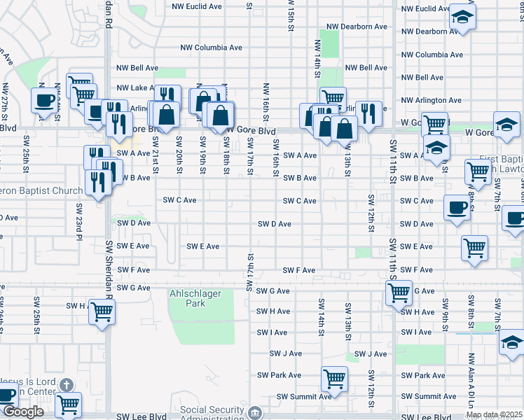 map of restaurants, bars, coffee shops, grocery stores, and more near 1610 Southwest C Avenue in Lawton
