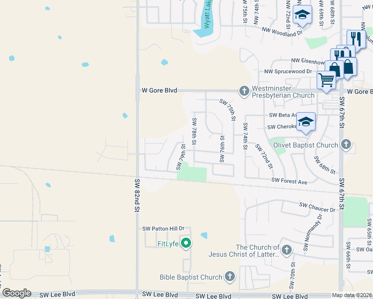 map of restaurants, bars, coffee shops, grocery stores, and more near 402 Southwest 80th Street in Lawton