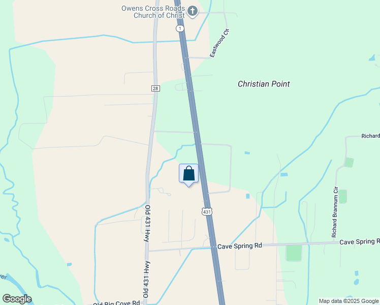 map of restaurants, bars, coffee shops, grocery stores, and more near 8415 U.S. 431 in Owens Cross Roads