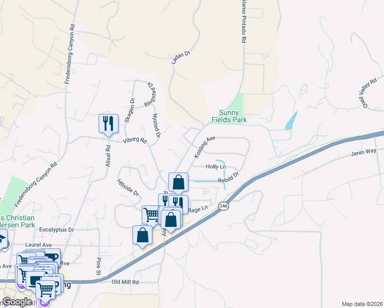map of restaurants, bars, coffee shops, grocery stores, and more near 700 Alamo Pintado Road in Solvang