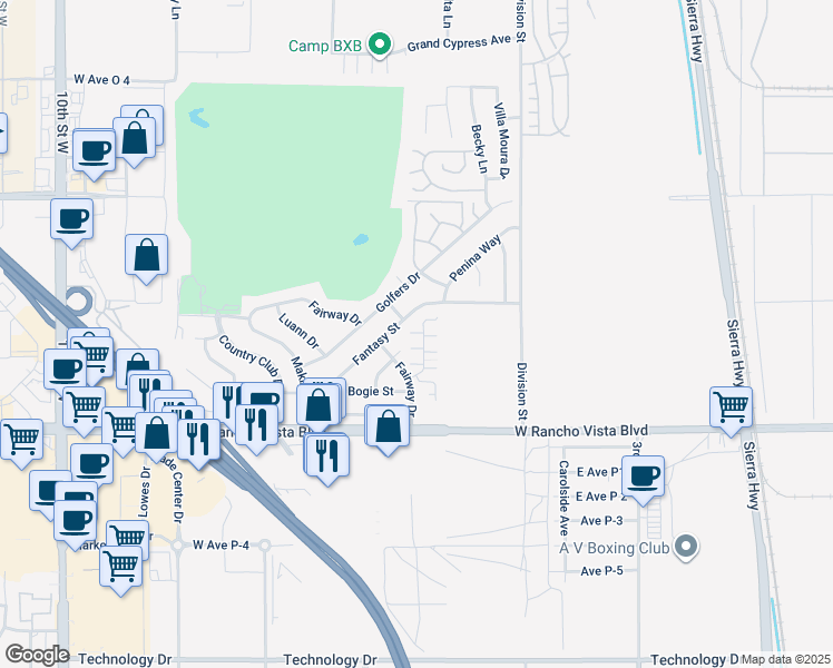 map of restaurants, bars, coffee shops, grocery stores, and more near 340 Fantasy Street in Palmdale