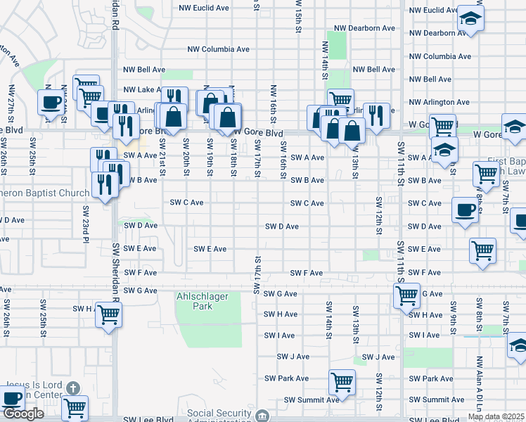 map of restaurants, bars, coffee shops, grocery stores, and more near 301 Southwest 17th Street in Lawton