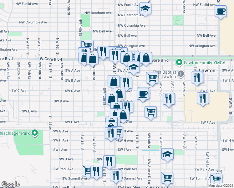 map of restaurants, bars, coffee shops, grocery stores, and more near 1016 Southwest C Avenue in Lawton