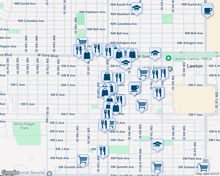 map of restaurants, bars, coffee shops, grocery stores, and more near 1016 Southwest C Avenue in Lawton
