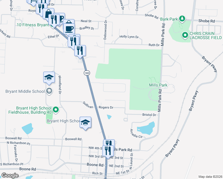 map of restaurants, bars, coffee shops, grocery stores, and more near 213 White Blossom Circle in Bryant