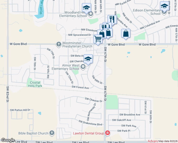 map of restaurants, bars, coffee shops, grocery stores, and more near 130 Southwest 69th Street in Lawton