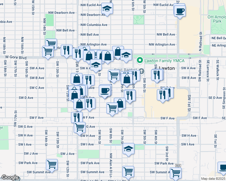map of restaurants, bars, coffee shops, grocery stores, and more near 714 Southwest C Avenue in Lawton