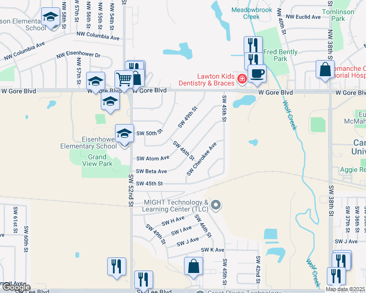map of restaurants, bars, coffee shops, grocery stores, and more near 4544 Southwest Atom Avenue in Lawton