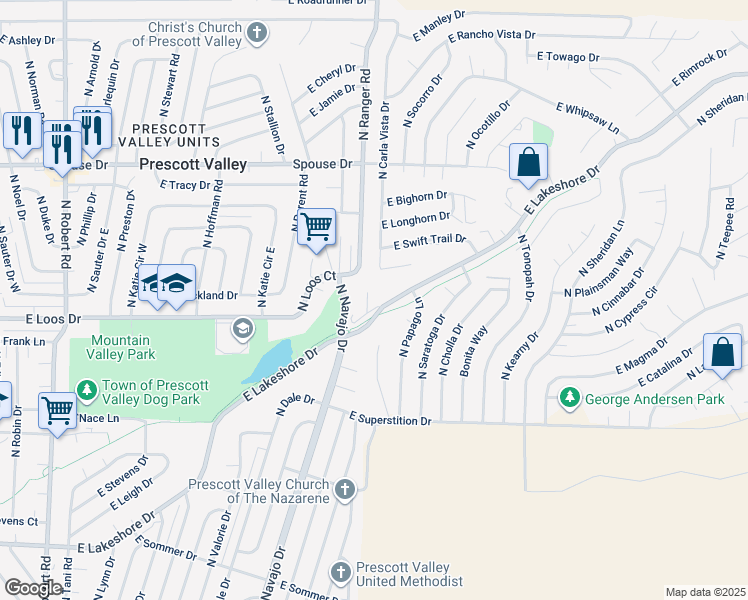 map of restaurants, bars, coffee shops, grocery stores, and more near 8980 E Lakeshore Dr in Prescott Valley