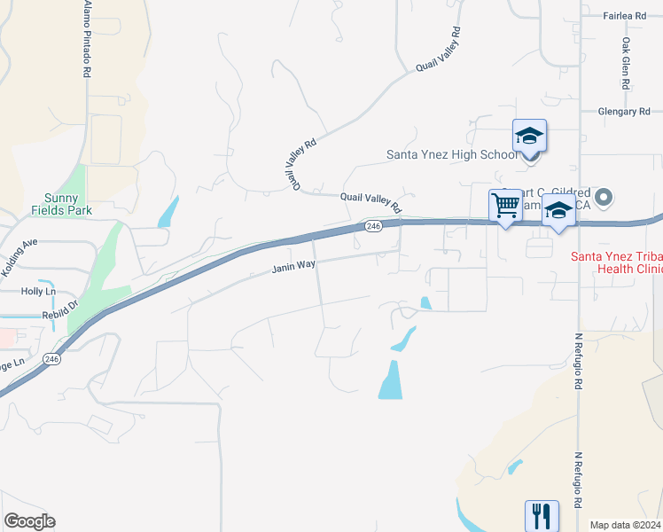 map of restaurants, bars, coffee shops, grocery stores, and more near 2620 Janin Way in Solvang