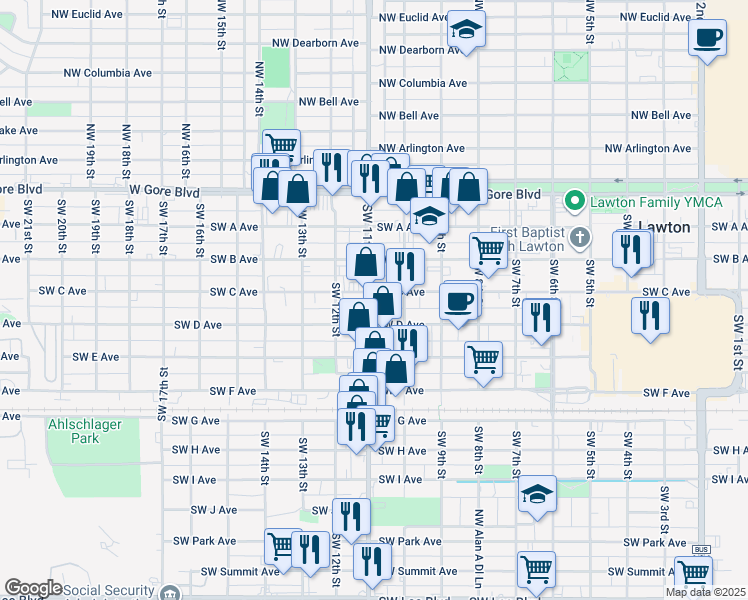 map of restaurants, bars, coffee shops, grocery stores, and more near 1016 Southwest C Avenue in Lawton