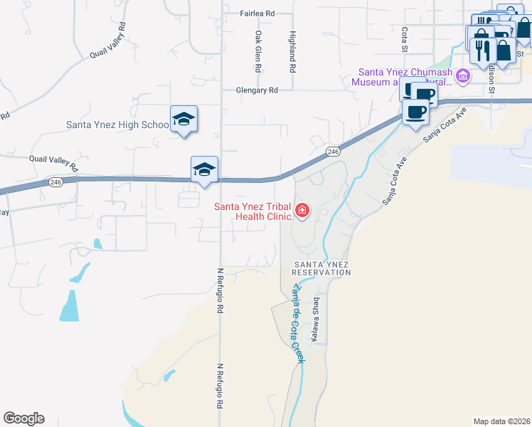 map of restaurants, bars, coffee shops, grocery stores, and more near 3095 Lucky Lane in Santa Ynez
