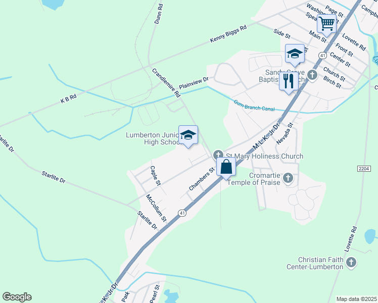 map of restaurants, bars, coffee shops, grocery stores, and more near 82 Marion Road in Lumberton