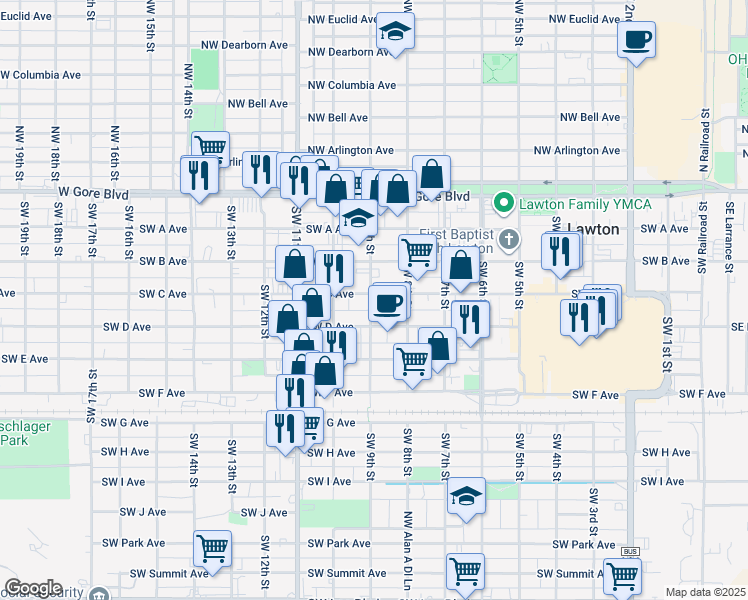 map of restaurants, bars, coffee shops, grocery stores, and more near 816 Southwest C Avenue in Lawton