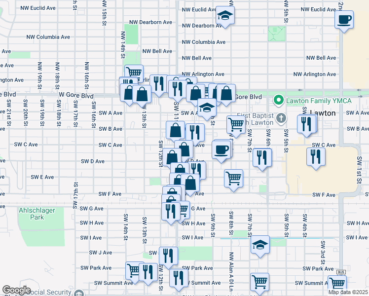 map of restaurants, bars, coffee shops, grocery stores, and more near 1016 Southwest C Avenue in Lawton