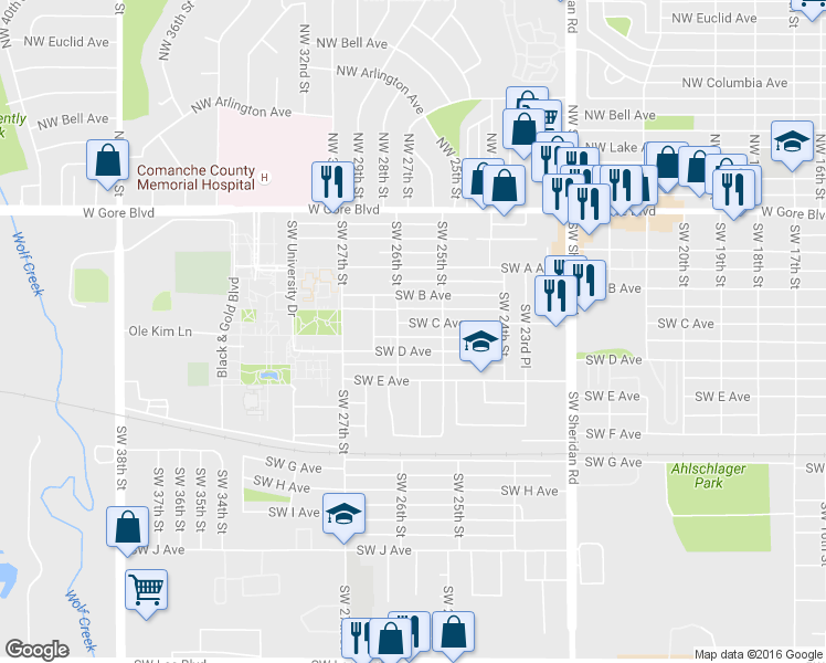 map of restaurants, bars, coffee shops, grocery stores, and more near 2508 Southwest C Avenue in Lawton