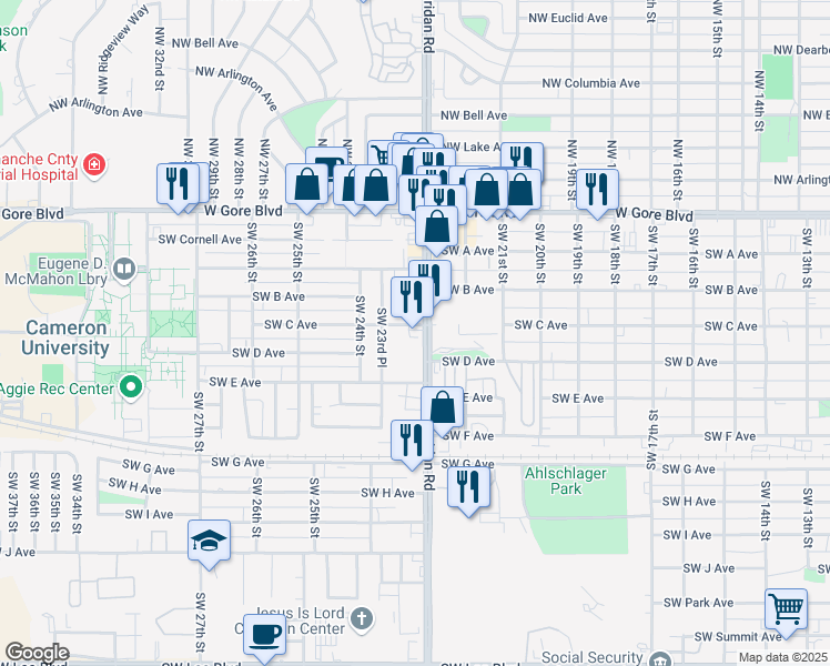 map of restaurants, bars, coffee shops, grocery stores, and more near 303 Southwest Sheridan Road in Lawton
