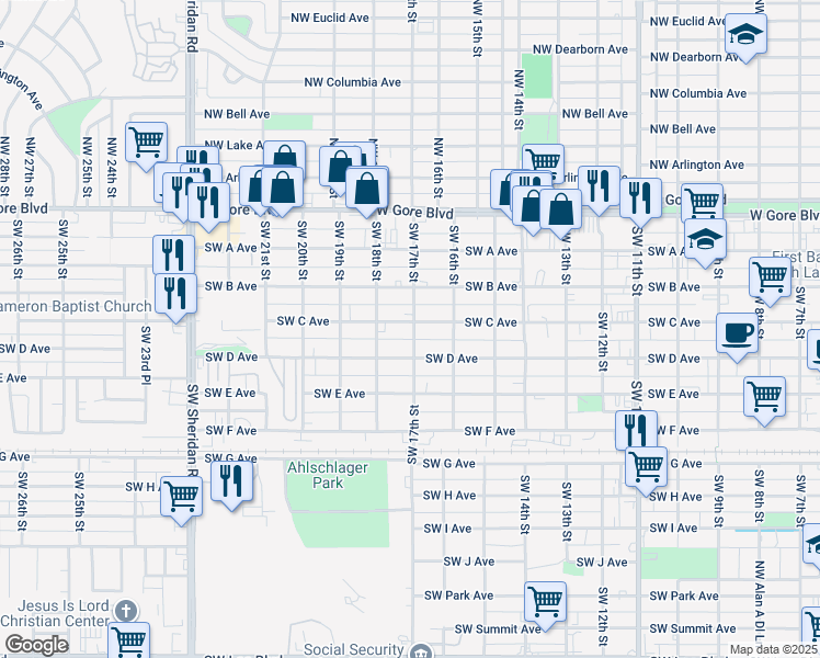 map of restaurants, bars, coffee shops, grocery stores, and more near 301 Southwest 17th Street in Lawton