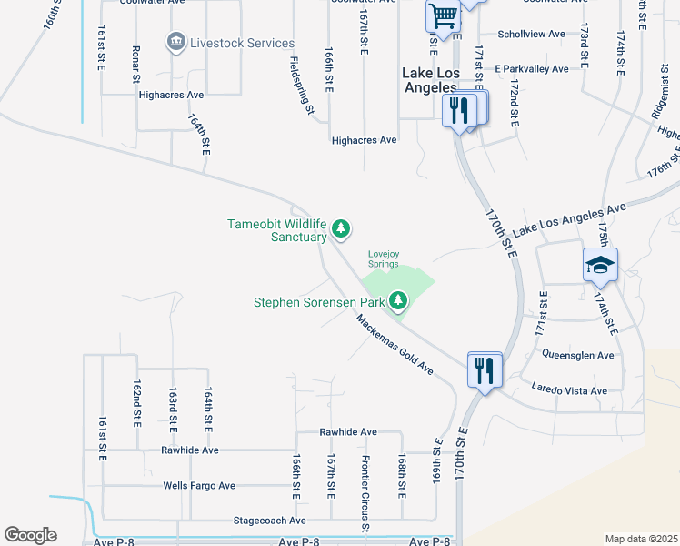 map of restaurants, bars, coffee shops, grocery stores, and more near 16509 Mackennas Gold Avenue in Lake Los Angeles