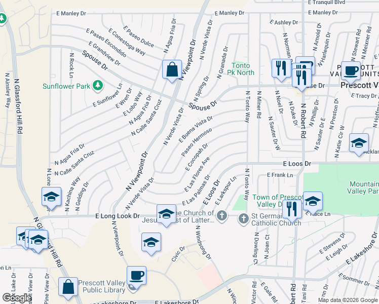 map of restaurants, bars, coffee shops, grocery stores, and more near 7675 Paseo Hermoso in Prescott Valley
