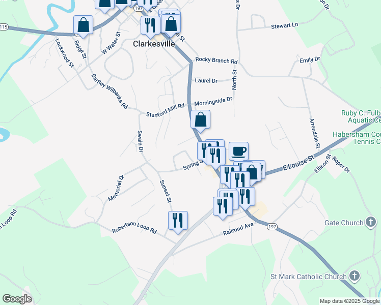 map of restaurants, bars, coffee shops, grocery stores, and more near 151 Russ Circle in Clarkesville