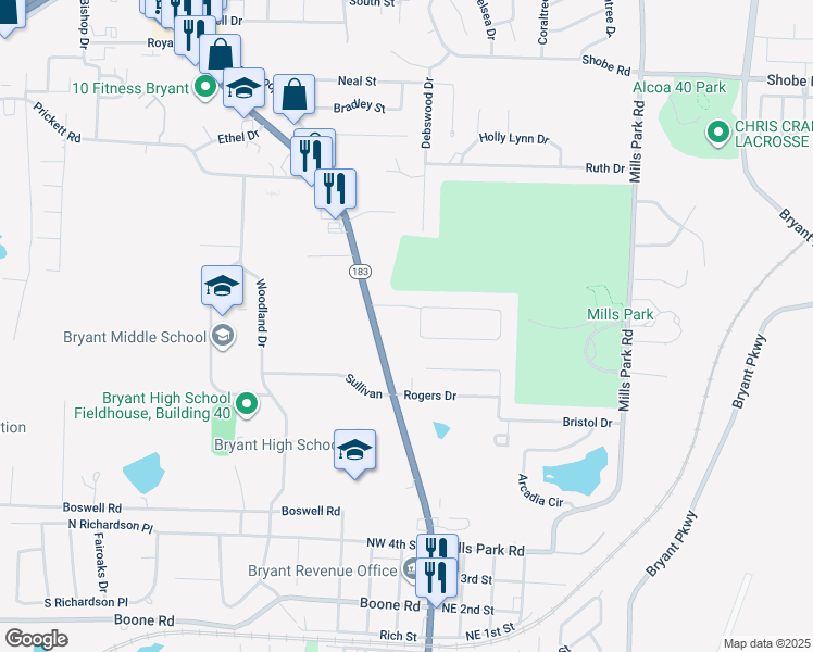 map of restaurants, bars, coffee shops, grocery stores, and more near in Bryant