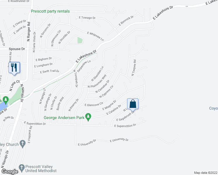 map of restaurants, bars, coffee shops, grocery stores, and more near 4330 North Cypress Circle in Prescott Valley