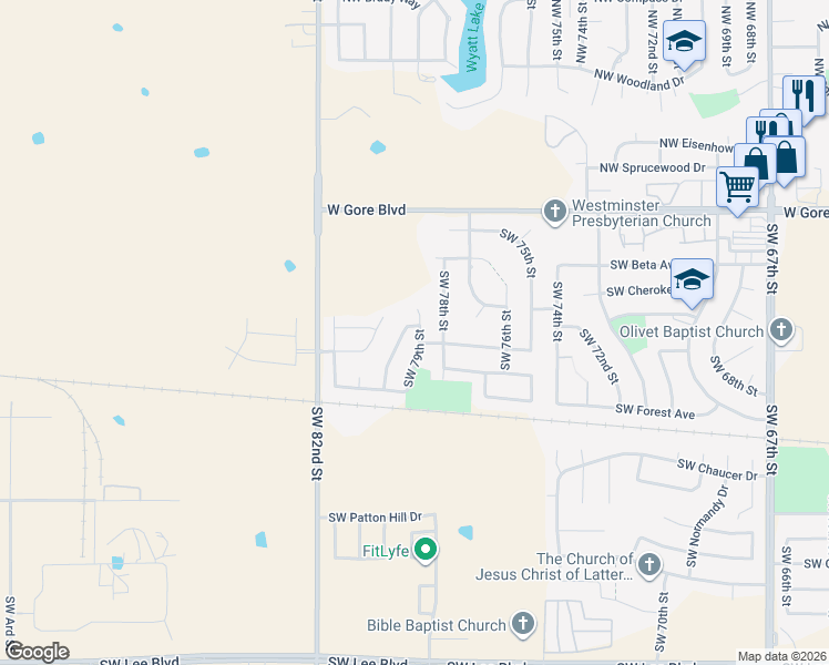 map of restaurants, bars, coffee shops, grocery stores, and more near 402 Southwest 80th Street in Lawton