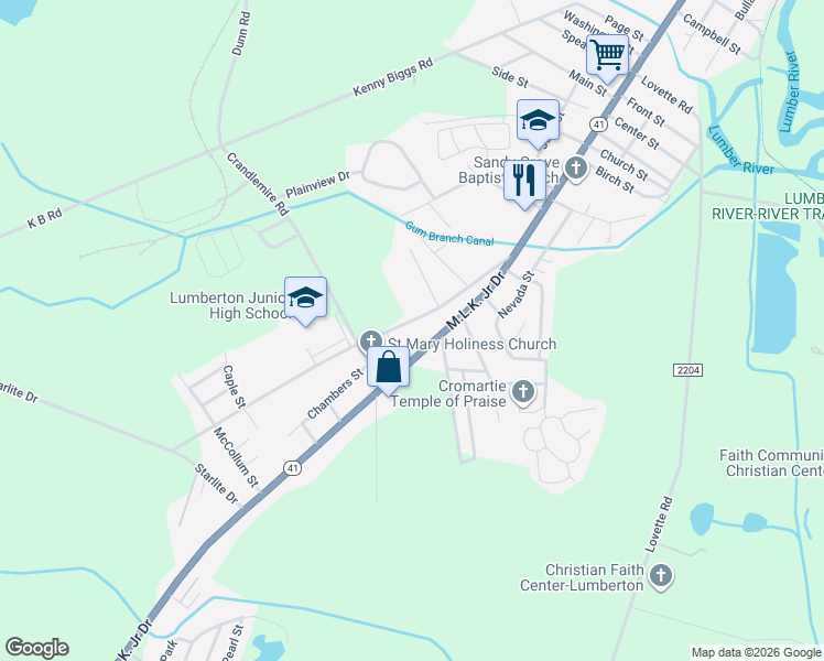 map of restaurants, bars, coffee shops, grocery stores, and more near 45 Marion Road in Lumberton