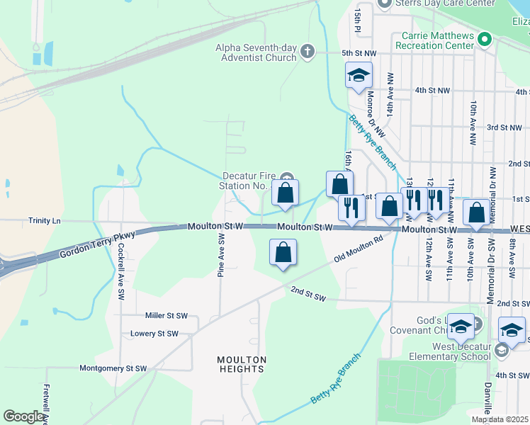 map of restaurants, bars, coffee shops, grocery stores, and more near 1837 Moulton Street West in Decatur