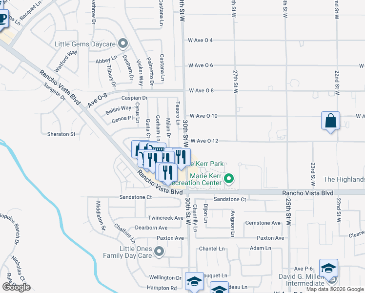 map of restaurants, bars, coffee shops, grocery stores, and more near 39742 Tesoro Lane in Palmdale