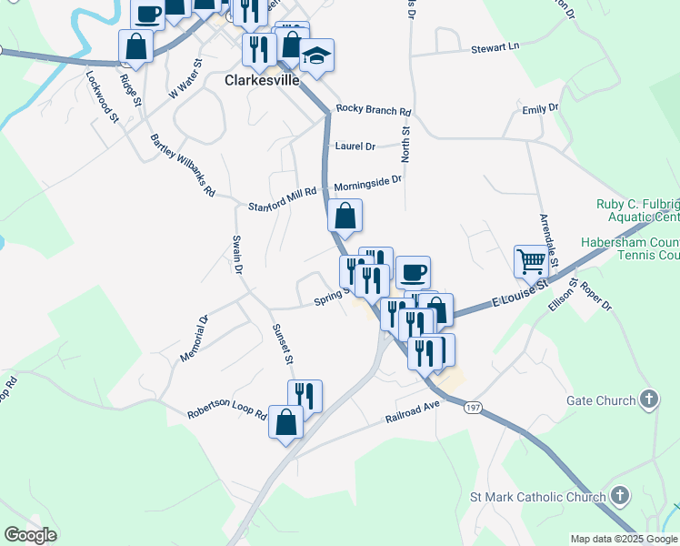 map of restaurants, bars, coffee shops, grocery stores, and more near 151 Russ Circle in Clarkesville