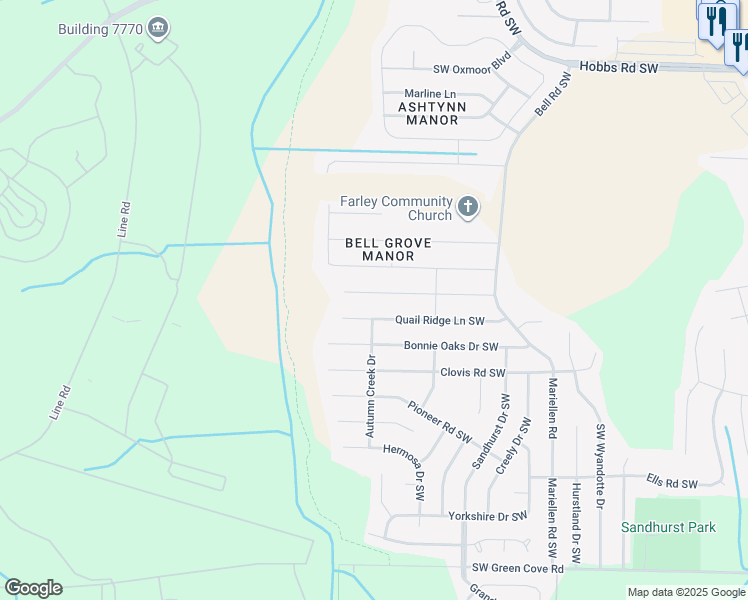 map of restaurants, bars, coffee shops, grocery stores, and more near 2602 Quail Ridge Lane Southwest in Huntsville
