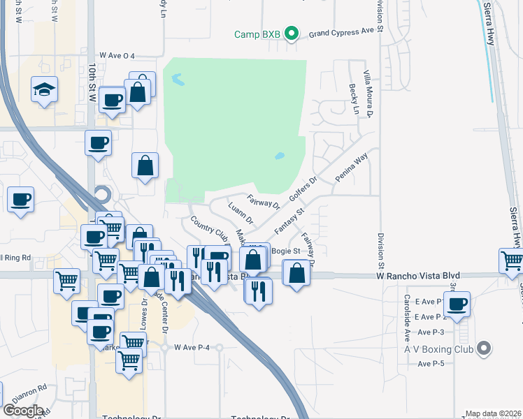 map of restaurants, bars, coffee shops, grocery stores, and more near 436 Fairway Drive in Palmdale