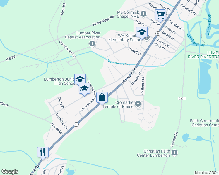 map of restaurants, bars, coffee shops, grocery stores, and more near 45 Marion Road in Lumberton