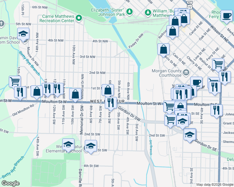 map of restaurants, bars, coffee shops, grocery stores, and more near 109 5th Avenue Northwest in Decatur