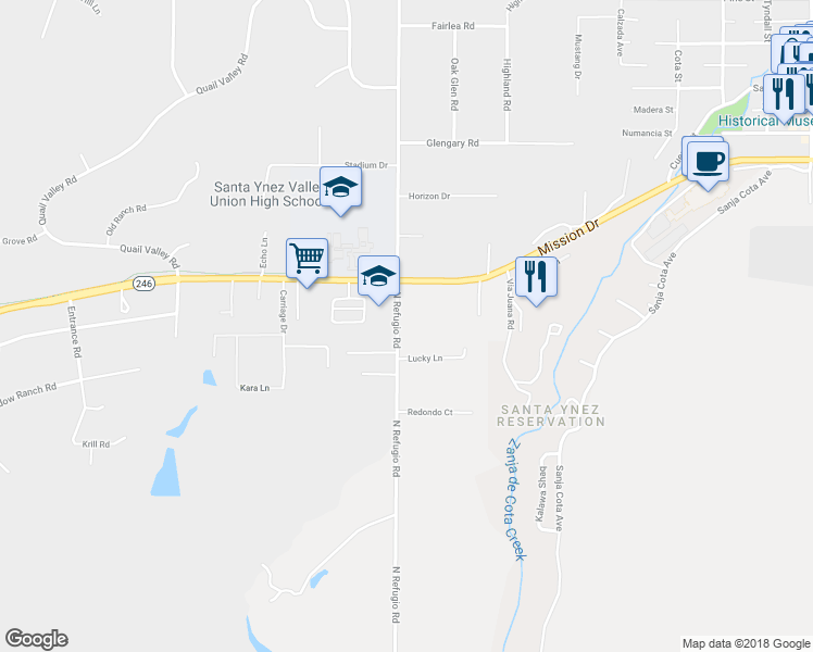 map of restaurants, bars, coffee shops, grocery stores, and more near 860 North Refugio Road in Santa Ynez