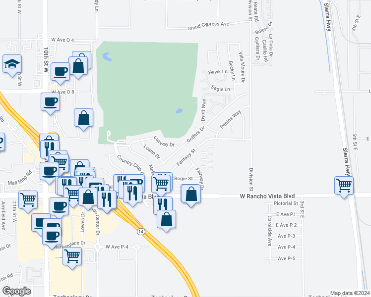 map of restaurants, bars, coffee shops, grocery stores, and more near 39812 Golfers Drive in Palmdale