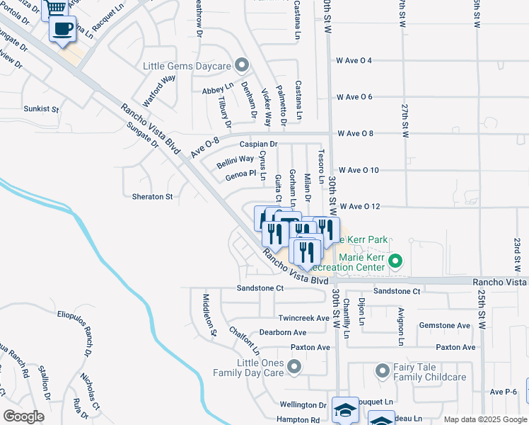 map of restaurants, bars, coffee shops, grocery stores, and more near 3165 Cordoba Place in Palmdale