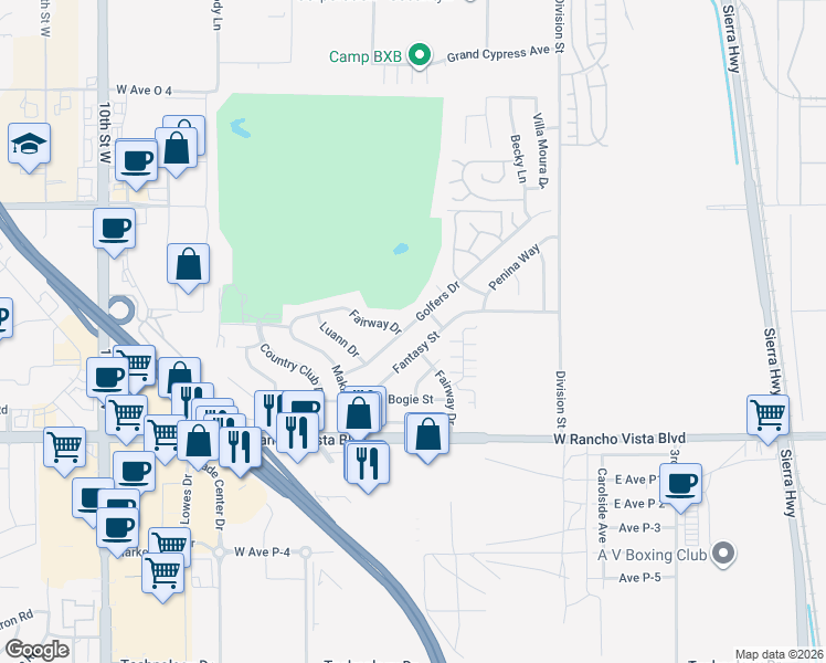 map of restaurants, bars, coffee shops, grocery stores, and more near 39812 Golfers Drive in Palmdale