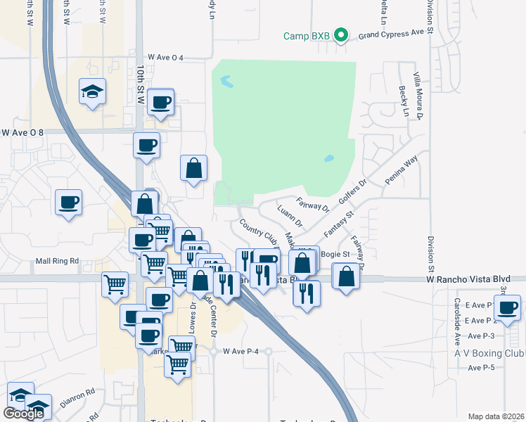 map of restaurants, bars, coffee shops, grocery stores, and more near 39752 Makin Avenue in Palmdale