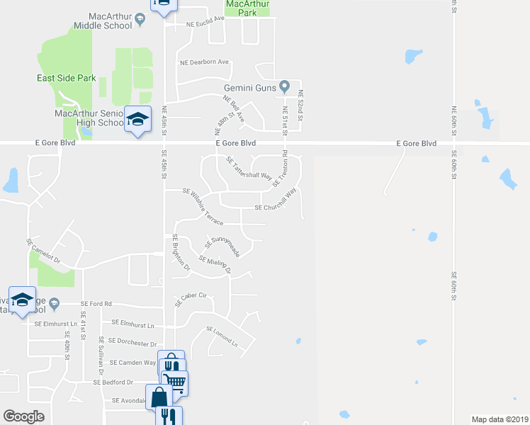 map of restaurants, bars, coffee shops, grocery stores, and more near 4913 Southeast Churchill Way in Lawton