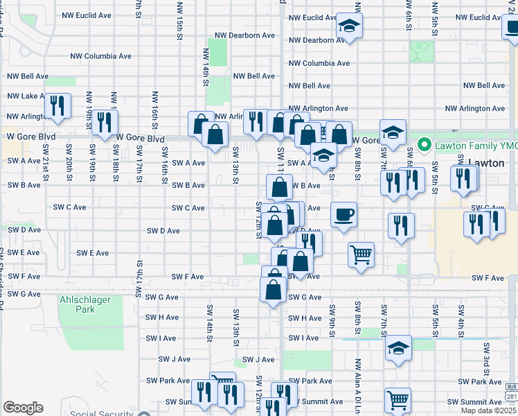 map of restaurants, bars, coffee shops, grocery stores, and more near 300 Southwest 12th Street in Lawton